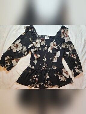 Ember Womens Black & Cream Floral Long Sleeve Peplum Ruffle Blouse Size Small